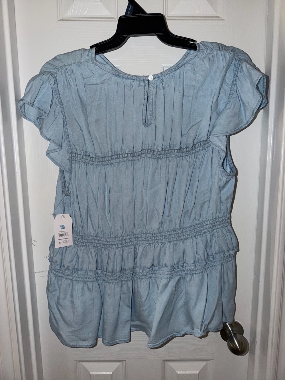Time and Tru Light Blue Short Sleeve Ruffled Peasant Blouse - Picture 2 of 2